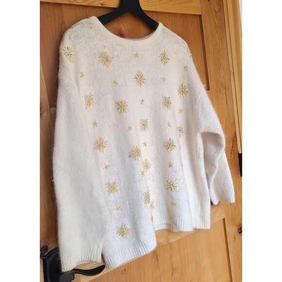 Cezanne Silk Angora Lambswool Cream Beaded Wool Sweater LARGE Winter Snowflake - Picture 3 of 6
